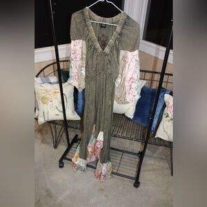 Olive Boho Patchwork Maxi Dress | Flowy Embroidered Peasant Style